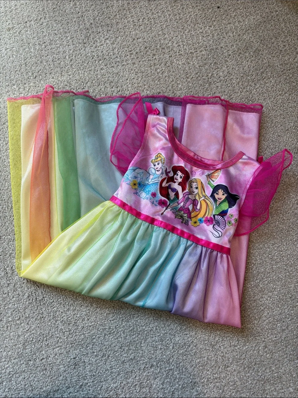 Disney Girls Rainbow Princess Tulle Dress - Hot Pink & Pastel Rainbow